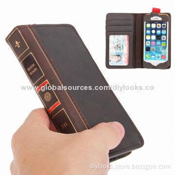 Genuine Leather Wallet Case for iPhone 5 and 5S with Credit Card Slots, Book Shape